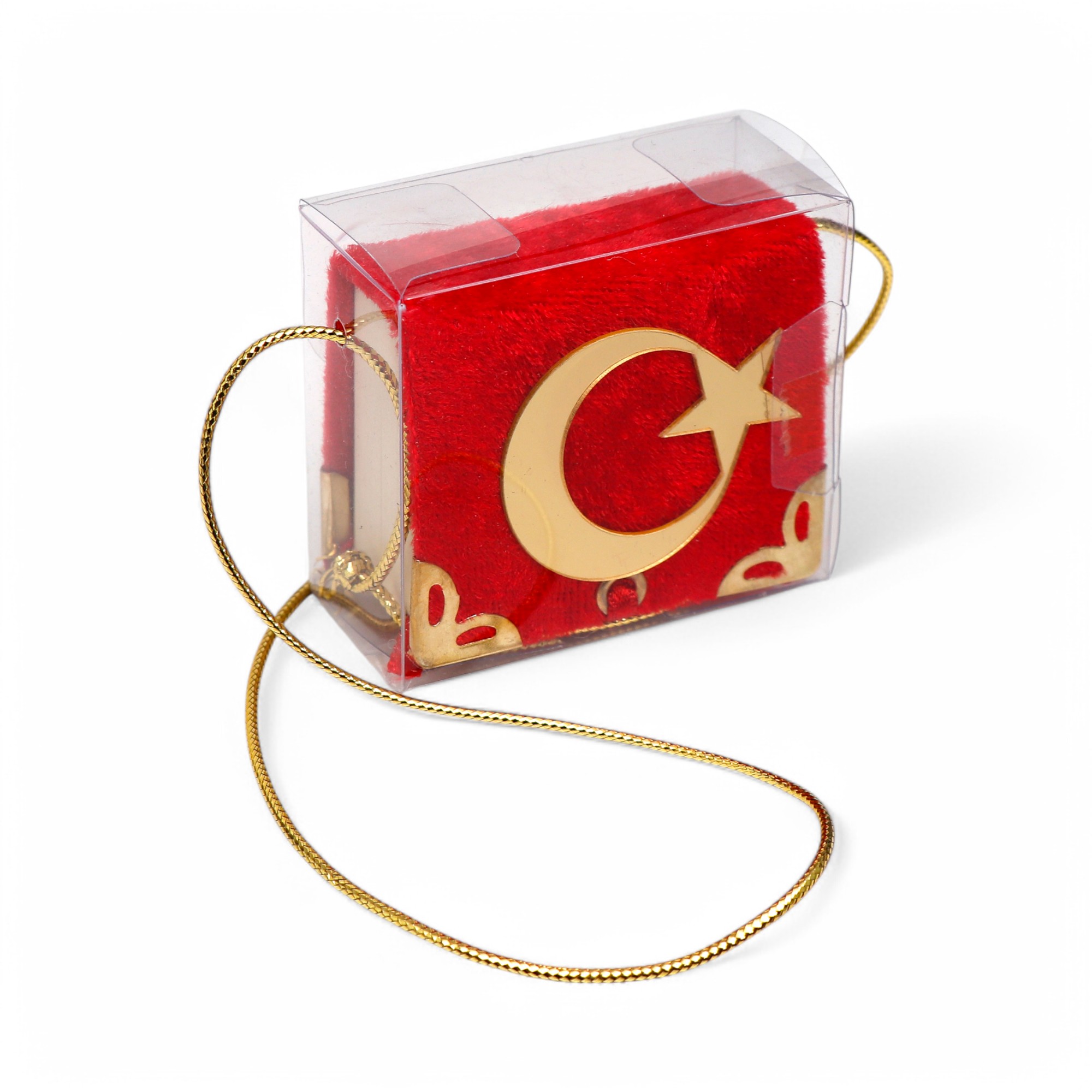 Toptan FN Mikro Boy Kadife Kaplamalı Kuranı Kerim + Asetat Kutu (Türk Bayrağı Modelli)