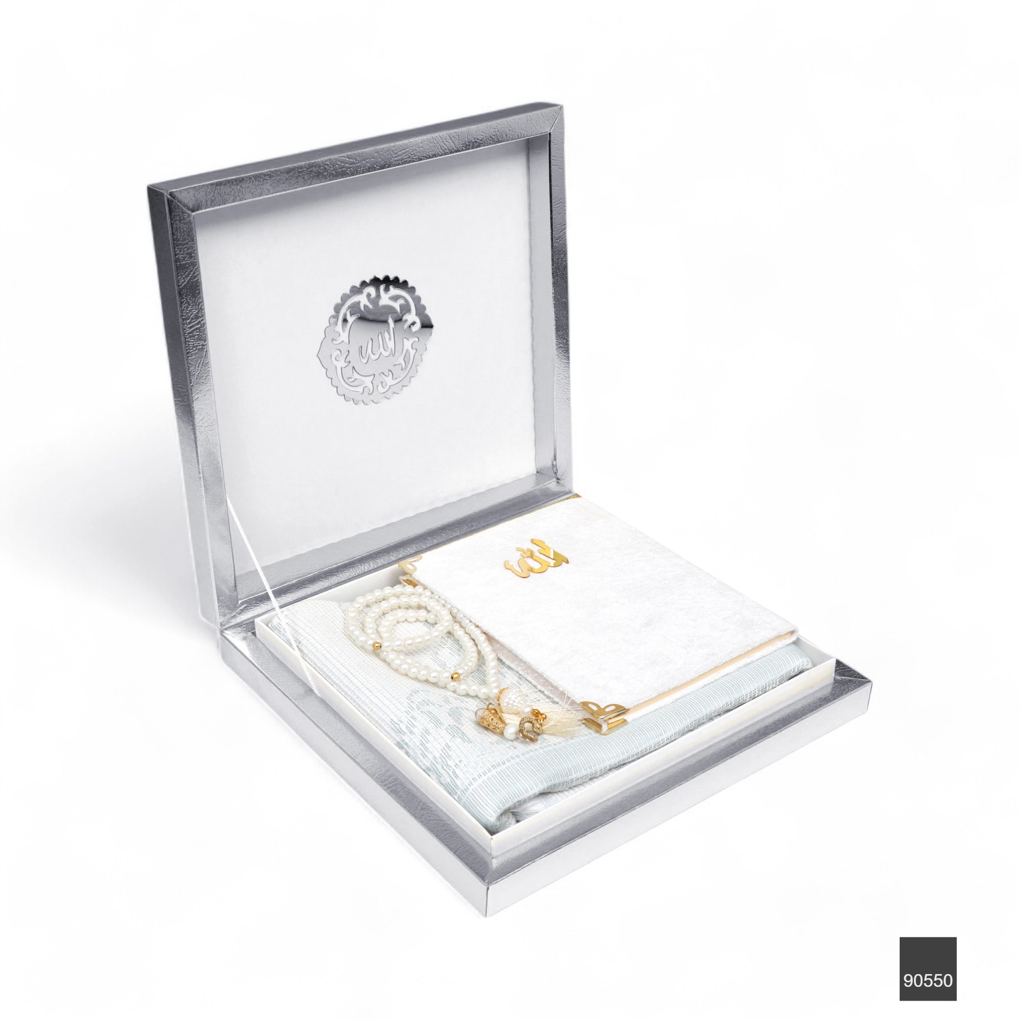 Toptan Lüks Gümüş Kutu İçerisinde Seccade + Cam İnci Tesbih + 128 Sayfa Çanta Boy Kadife Yasin Seti